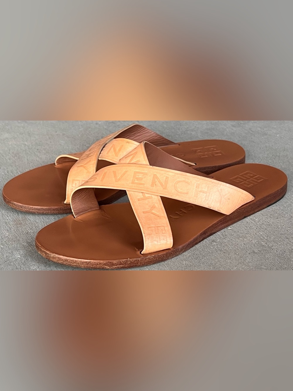 Givenchy Tan Leather Logo Crisscross Flat Sandals Slides Mules Size 37.5 US 7.5